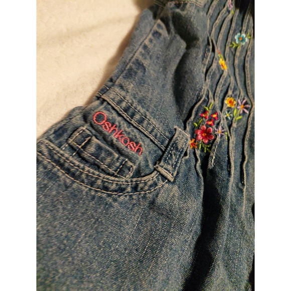 vintage OshKosh B'gosh denim dress with embroidered flowers and ruffled hem 12m - Picture 2 of 11